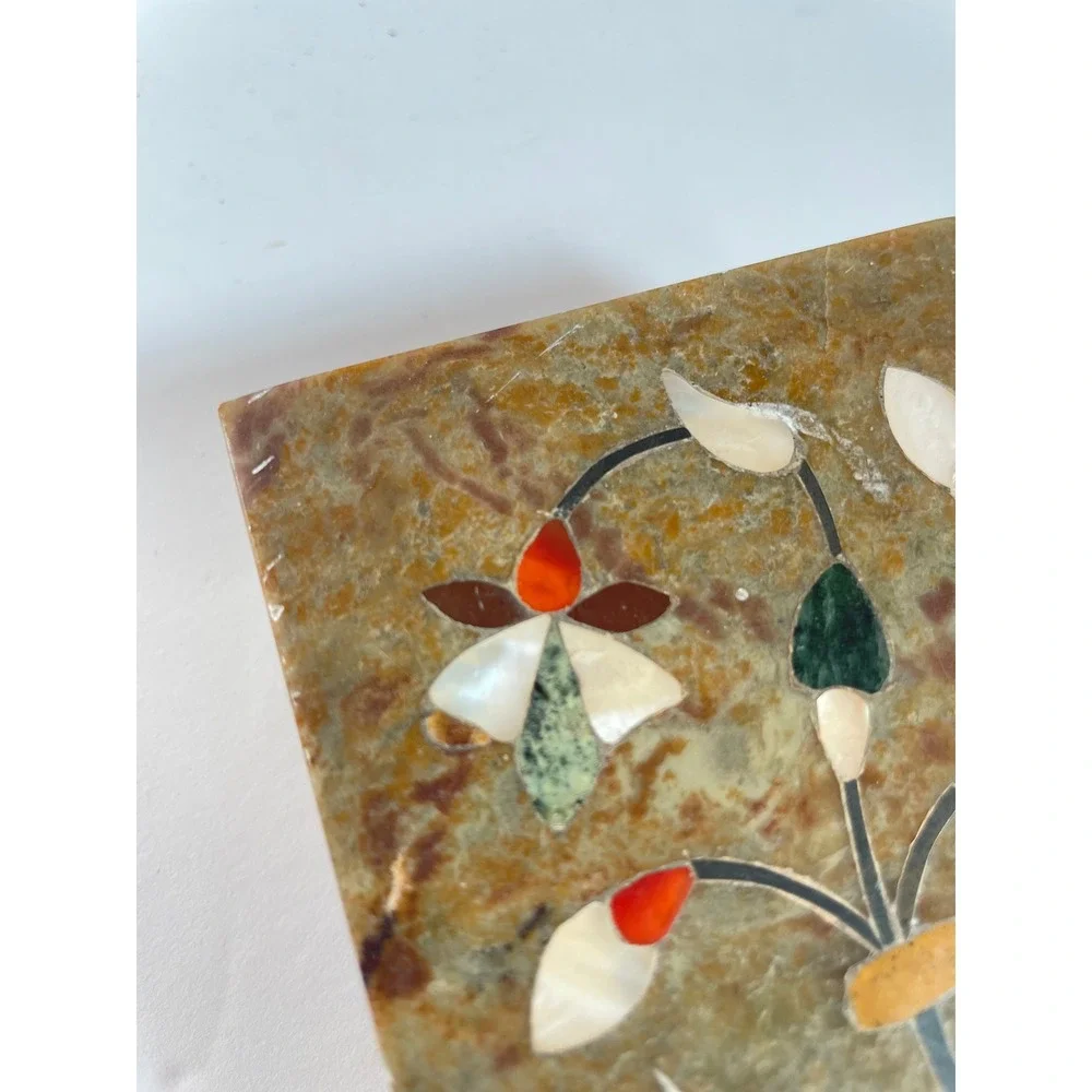Vintage Inlaid Stone Trinket Box‎ Floral Pietra Dura Mother of Pearl Marble 4x3